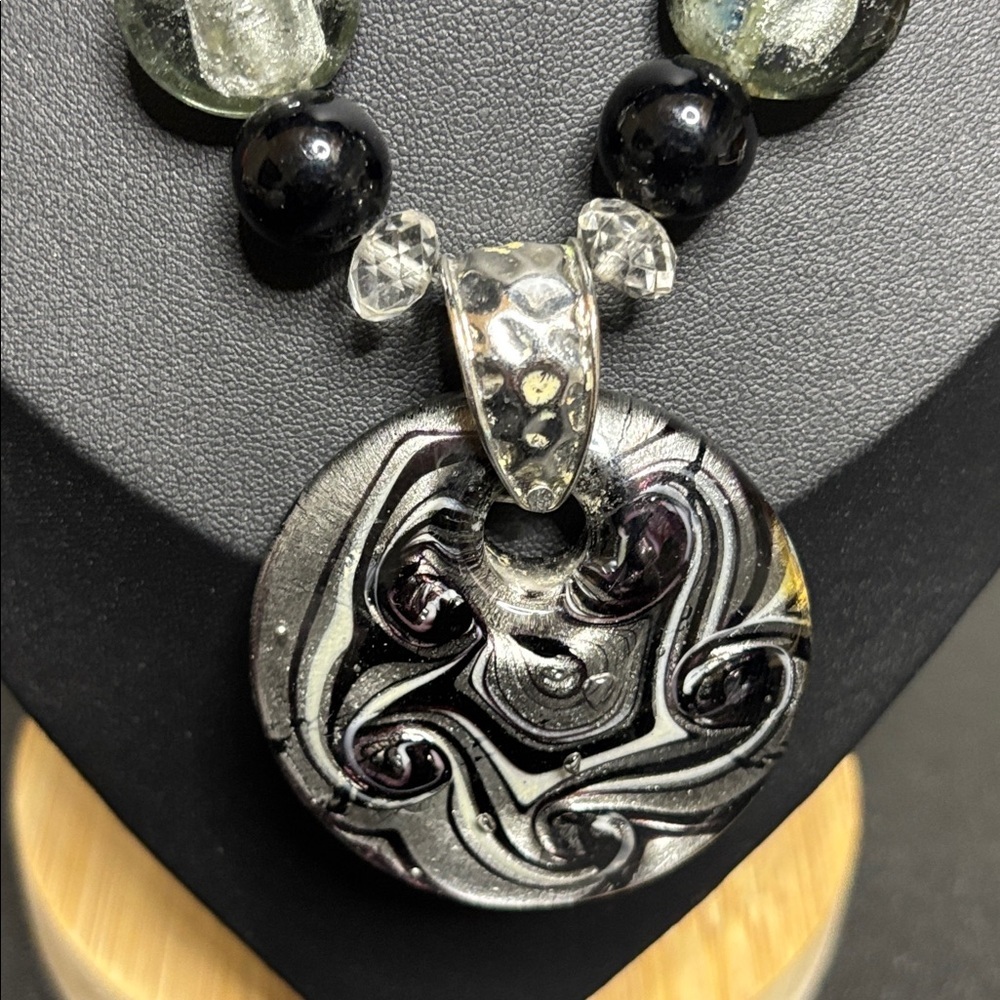 Chunky Boho Lampwork Glass Pendant Necklace Silver Tone Beaded - Picture 2 of 9